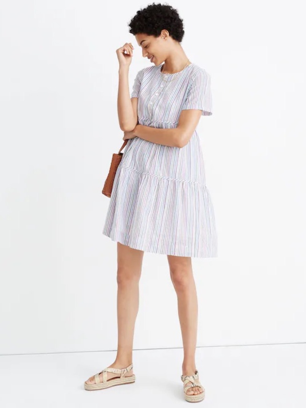 MADEWELL Striped Crewneck Button-Front Tiered Mini Dress Rainbow Stripe XXS